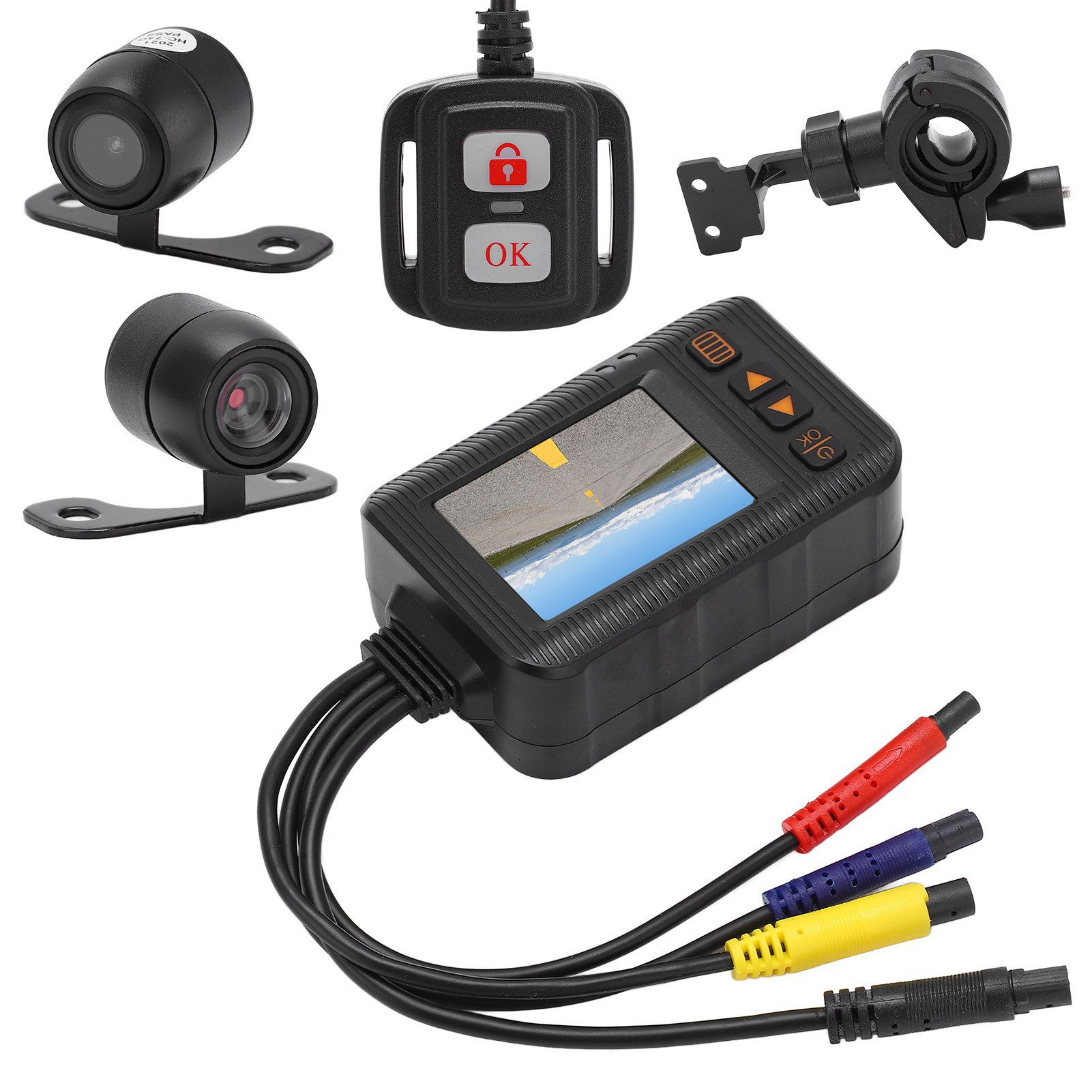 Ein Auto-Kamerasystem. Enthält Kameras, einen Bildschirm und eine Fernbedienung. Kabel mit roten, blauen und gelben Steckern sind sichtbar.