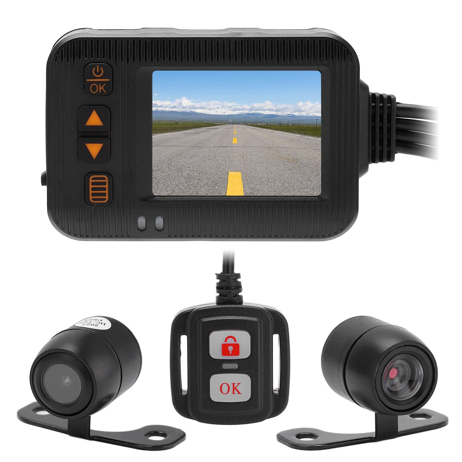 Ein Auto-Armaturenbrett-Cam mit einem Bildschirm, der eine Straße und Berge zeigt, sowie zwei Kameras und ein Steuermodul.