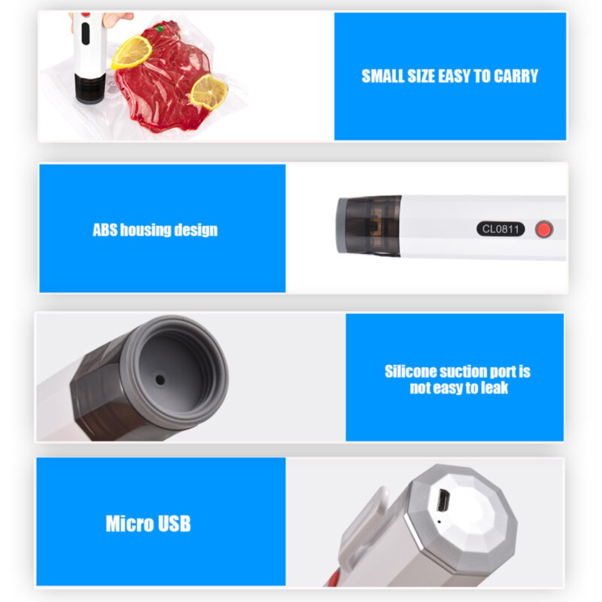 Das Bild zeigt einen Vakuumierer mit Lebensmitteln, beschriftete Merkmale: ABS-Gehäuse, Silikonanschluss, Micro-USB und der Text „kleine Größe, leicht zu tragen“.