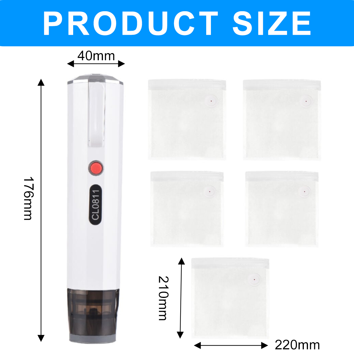 Das Bild zeigt die Produktgröße: Ein weißes Gerät mit rotem Knopf und fünf transparenten Beuteln. Maße sind markiert: 176mm, 40mm, 210mm, 220mm.