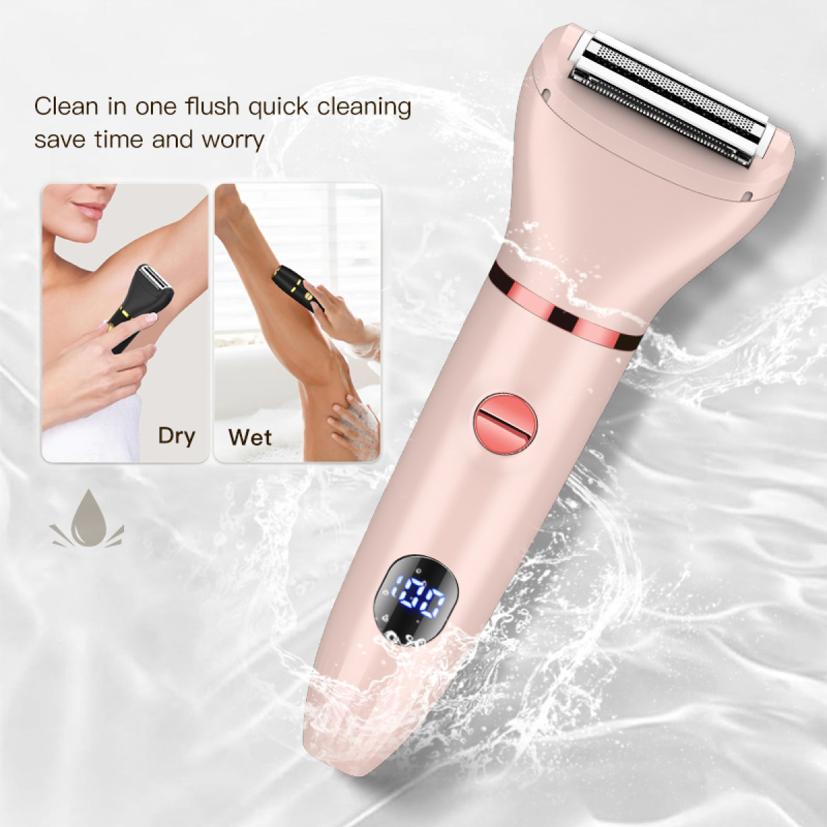 Różowa golarka elektryczna z dwoma mniejszymi obrazkami pokazującymi użycie. Jeden jest suchy, a drugi mokry. Rozpryski wody w tle.