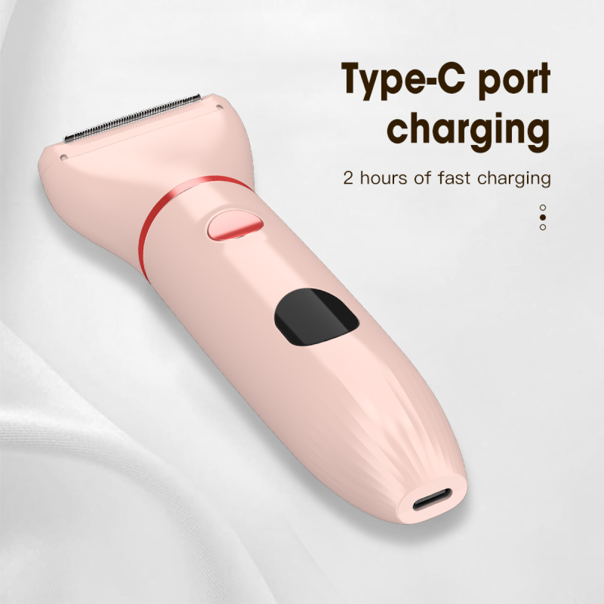 Różowa golarka elektryczna z czarnym przyciskiem i czerwonymi akcentami. Tekst: Ładowanie portu Type-C, 2 godziny szybkiego ładowania.