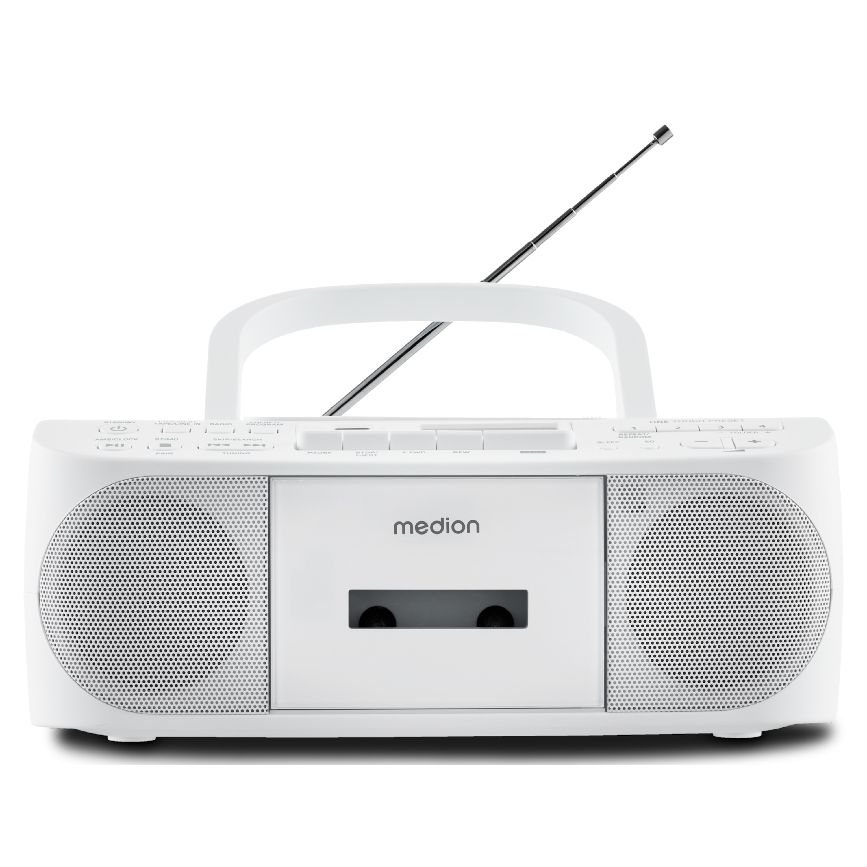Weißes Medion-Radio mit Griff, Lautsprechern und Kassettendeck. Eine silberne Antenne ragt empor.