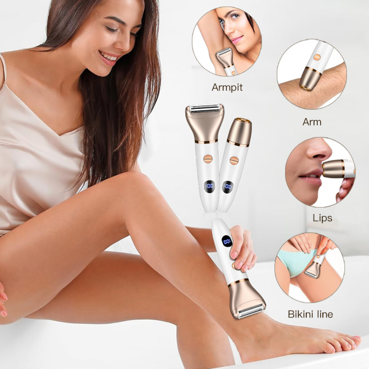 Uśmiechnięta kobieta siedzi. Obraz przedstawia narzędzia do depilacji i obszary zastosowania: pacha, ramię, usta, linia bikini.