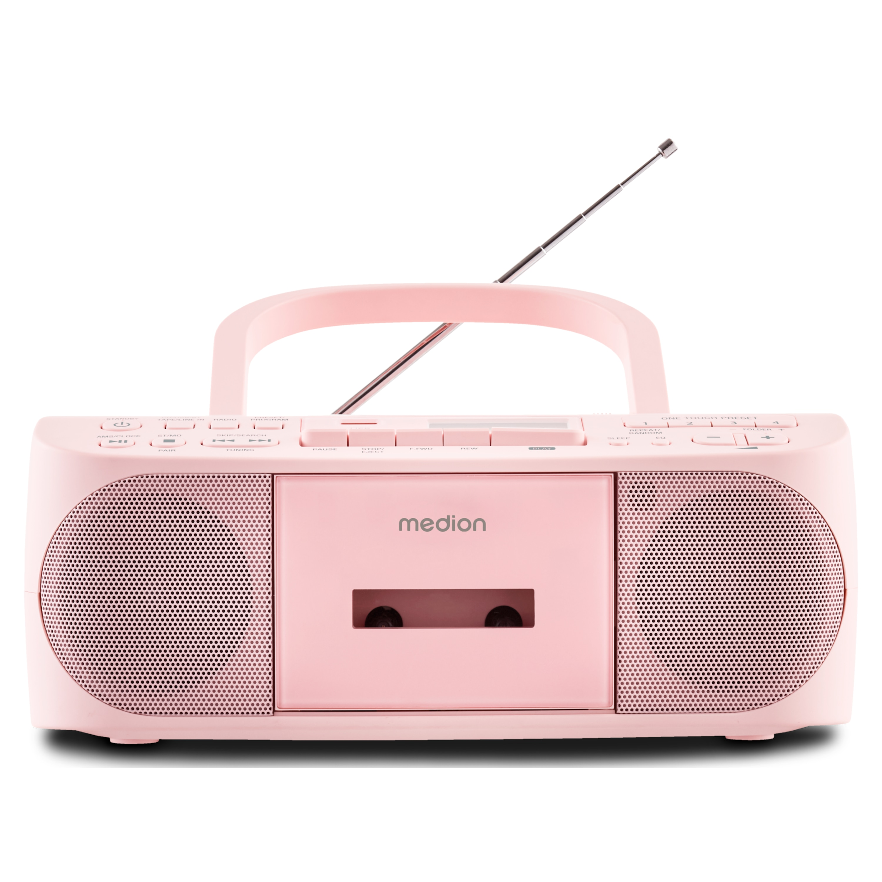 Ein rosafarbener Ghettoblaster mit Griff, Lautsprechern und Antenne. Hat einen Kassettenspieler. Die Marke Medion ist sichtbar.