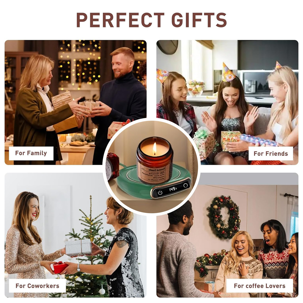 Bild mit Bereichen 'Für die Familie', 'Für Freunde', 'Für Kollegen' und 'Für Kaffeeliebhaber', die Geschenke zeigen.