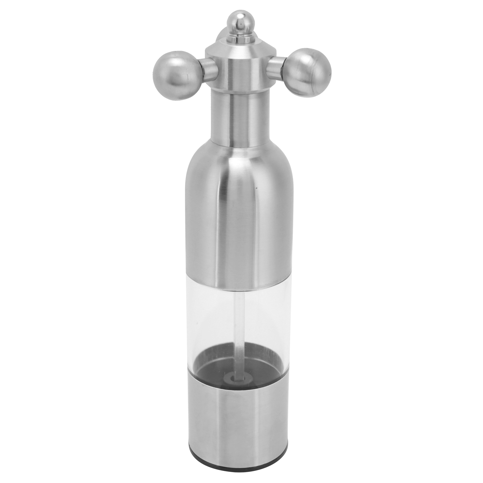 Eine Pfeffermühle aus Edelstahl mit einem transparenten Behälter und drei kugelförmigen Knöpfen, isoliert auf Weiß.