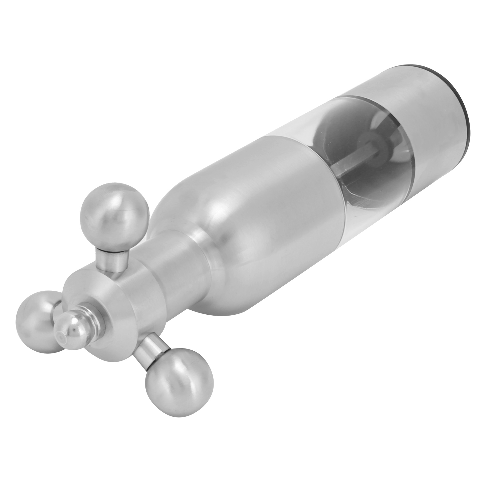 Eine Pfeffermühle aus Edelstahl mit einem transparenten Behälter und drei kugelförmigen Knöpfen.