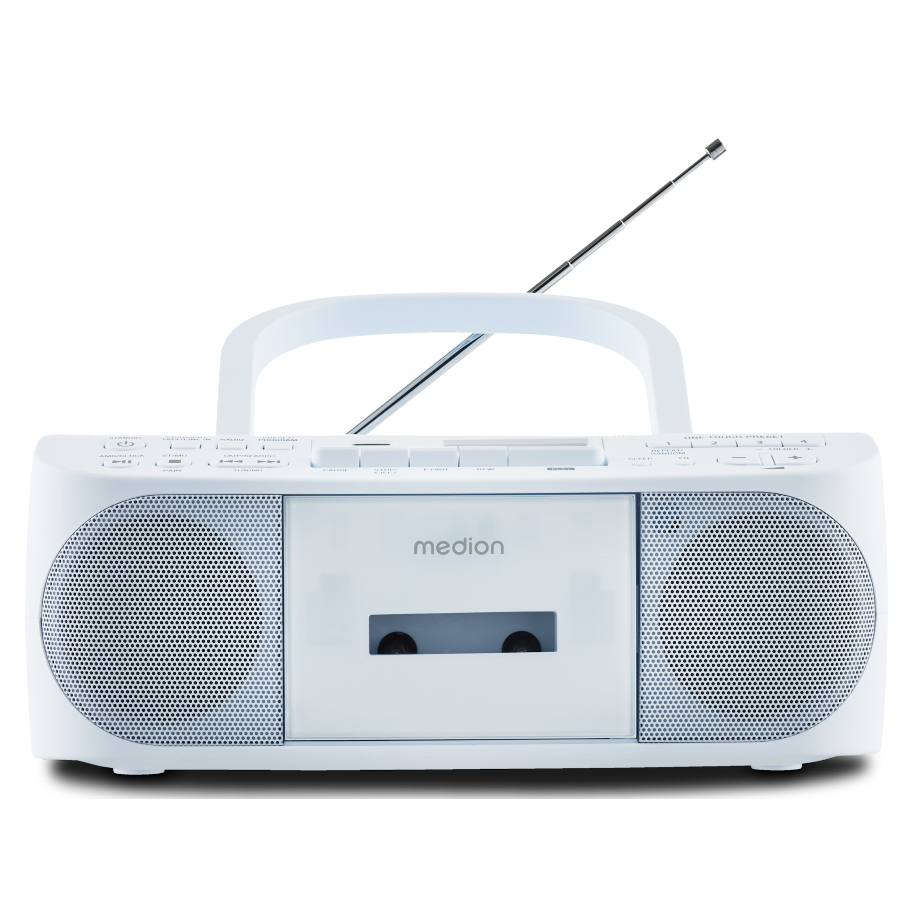 Un boombox Medion bianco con maniglia, antenna, lettore di cassette e altoparlanti, su sfondo bianco.