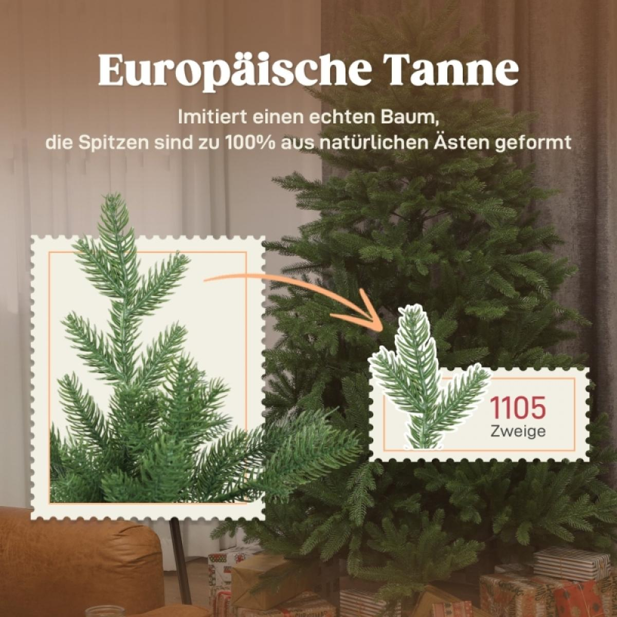Ein grüner Tannenbaum mit deutschem Text. Der Text erwähnt, dass er einen echten Baum imitiert, mit Spitzen aus natürlichen Ästen und 1105 Zweigen.