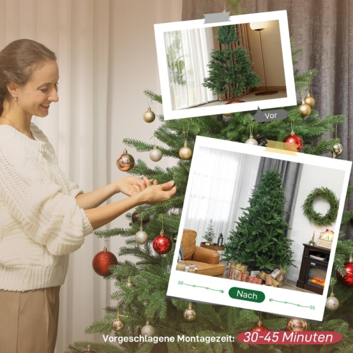 Eine Frau schmückt einen Weihnachtsbaum mit Ornamenten. Das Bild enthält Fotos, die den Baum vor und nach dem Aufbau zeigen.