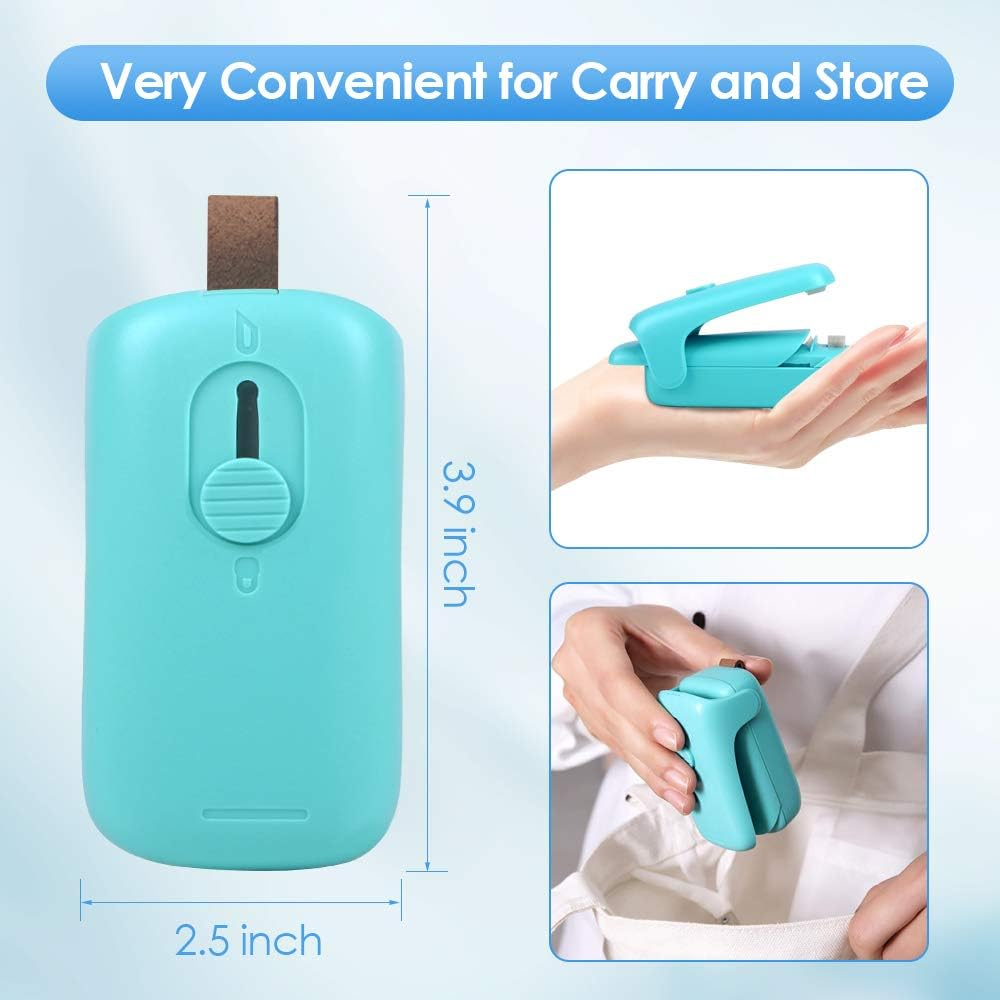 Ein türkisfarbenes Hand-Siegelgerät. Es ist 3,9 Zoll hoch und 2,5 Zoll breit. Das Bild zeigt die Verwendung und Lagerung in einer Tasche.