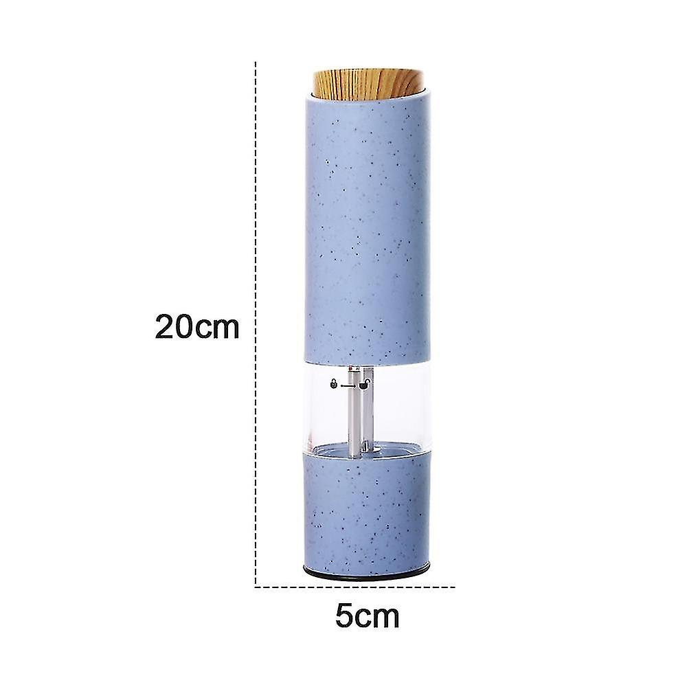 Eine blaue Pfeffermühle mit Holzdeckel. Maße: 20 cm Höhe, 5 cm Breite. Ein transparenter Bereich zeigt den Mahlmechanismus.
