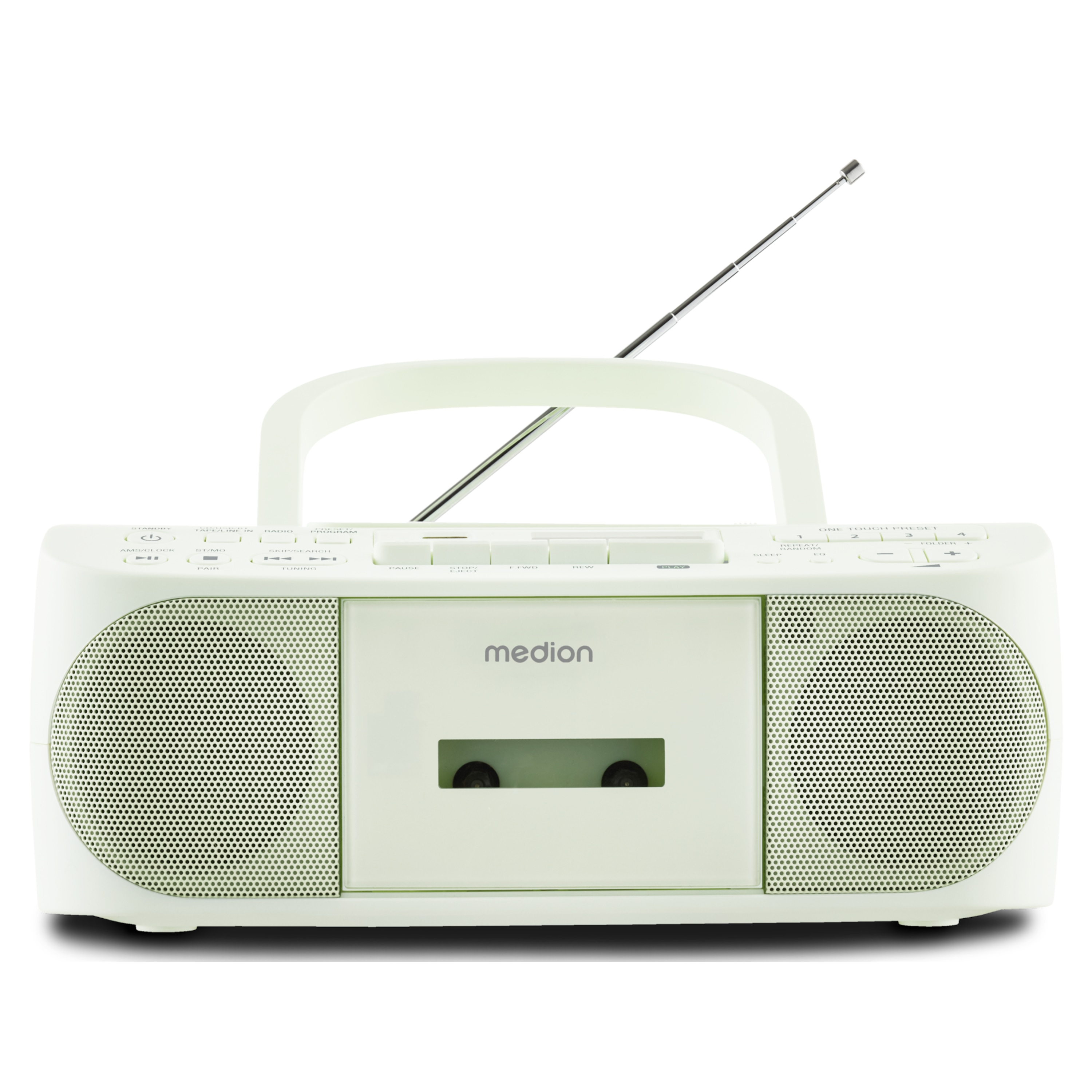 Un boombox Medion bianco con maniglia, antenna radio, altoparlanti e lettore di cassette. È su sfondo bianco.