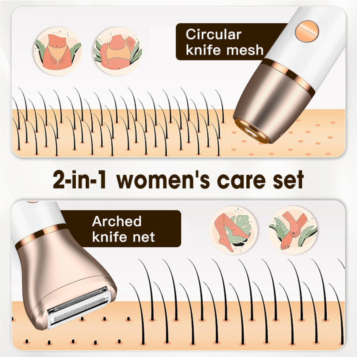 Ein 2-in-1-Pflegeset für Frauen mit zwei elektrischen Rasierern. Einer hat ein kreisförmiges Messer, der andere ein gewölbtes Netz. Haarentfernung Illustrationen.