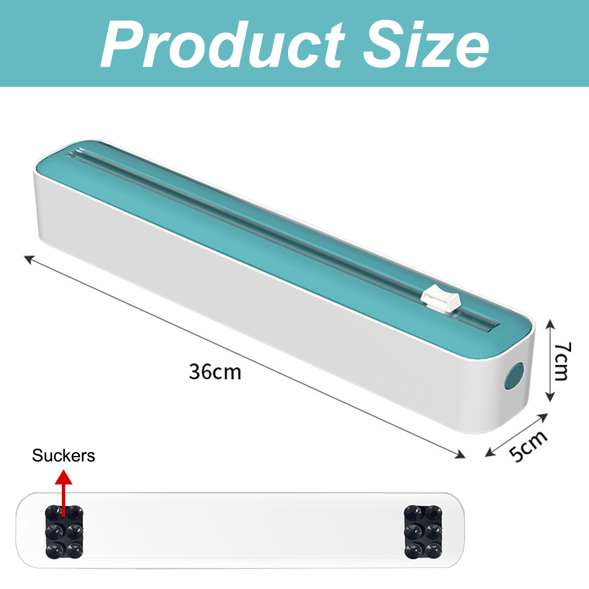 Ein weißes und blaugrünes Produkt, wahrscheinlich ein Spender. Abmessungen sind angegeben: 36 cm, 7 cm und 5 cm. Saugnäpfe sind unten sichtbar.