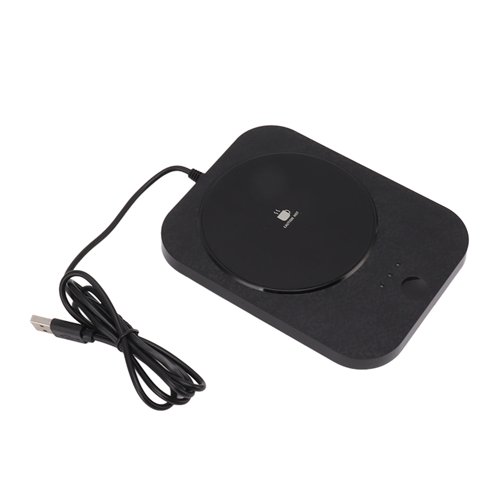 Ein schwarzer Tassenwärmer mit runder Heizfläche, Netzkabel und USB-Anschluss. Die Oberfläche hat ein Tassen-Symbol.