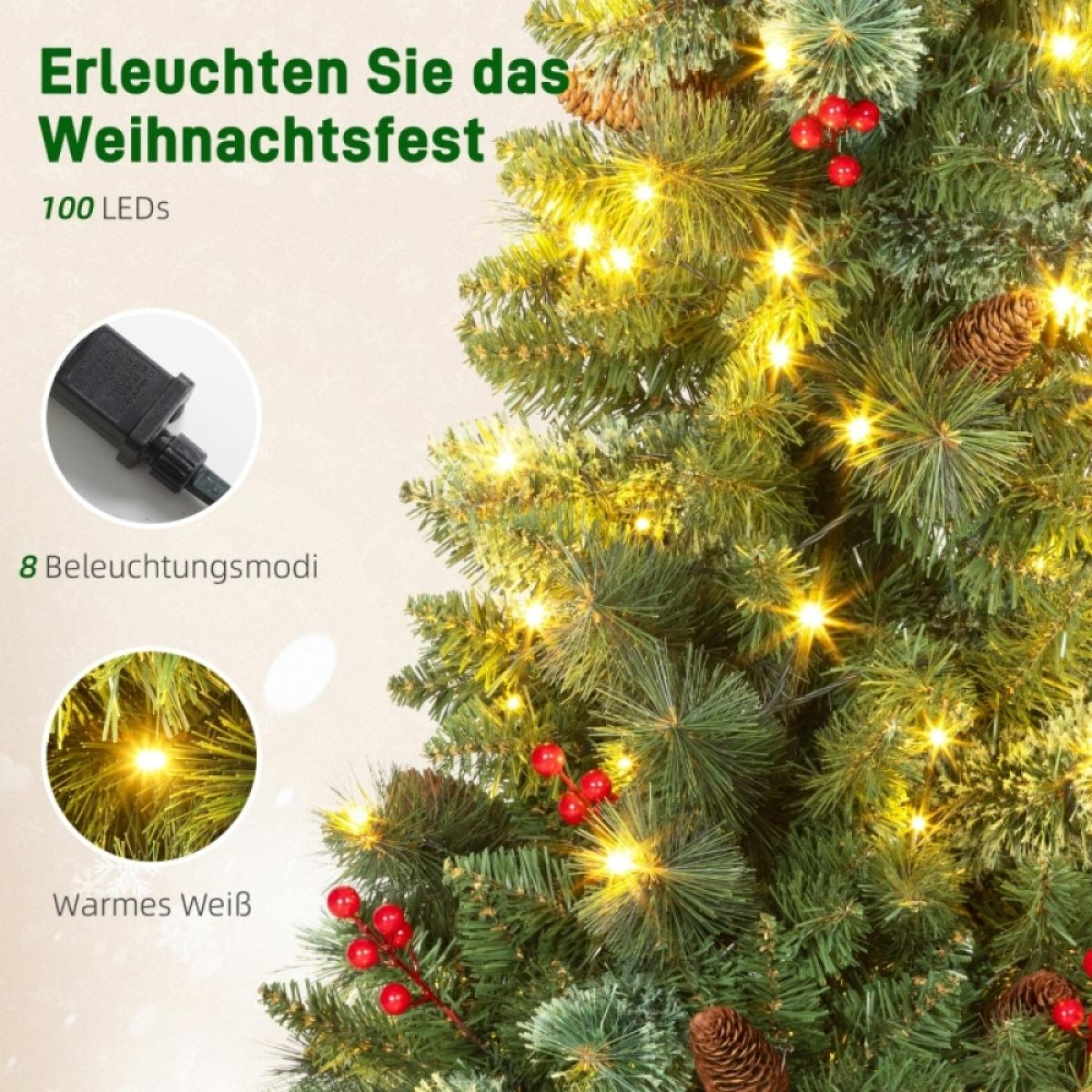 Ein geschmückter Weihnachtsbaum mit Lichtern, roten Beeren und Tannenzapfen. Text auf Deutsch lautet 'Beleuchten Sie Weihnachten'.