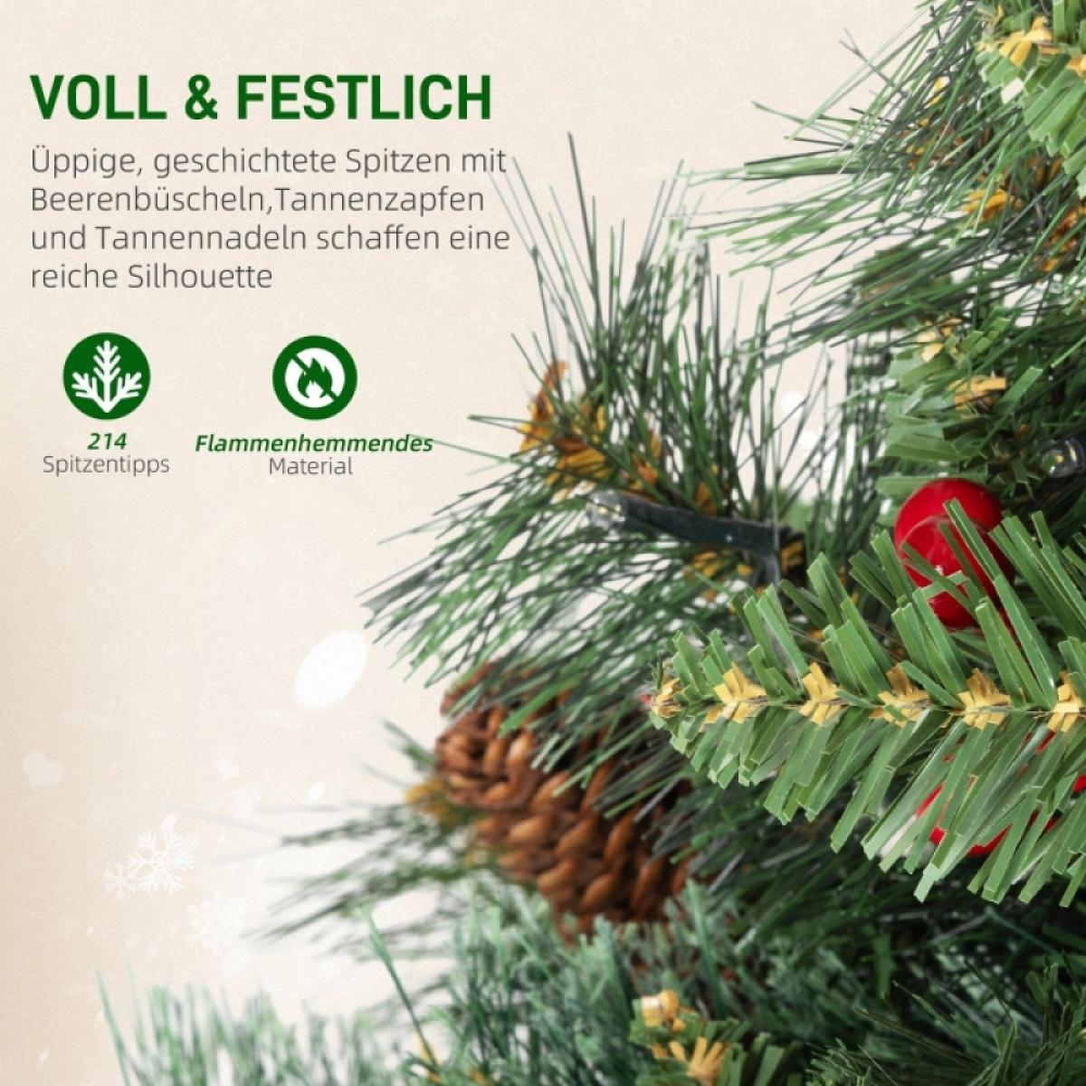 Nahaufnahme eines Weihnachtsbaums mit grünen Nadeln, roten Ornamenten und einem Tannenzapfen. Der Baum hat ein festliches Aussehen.