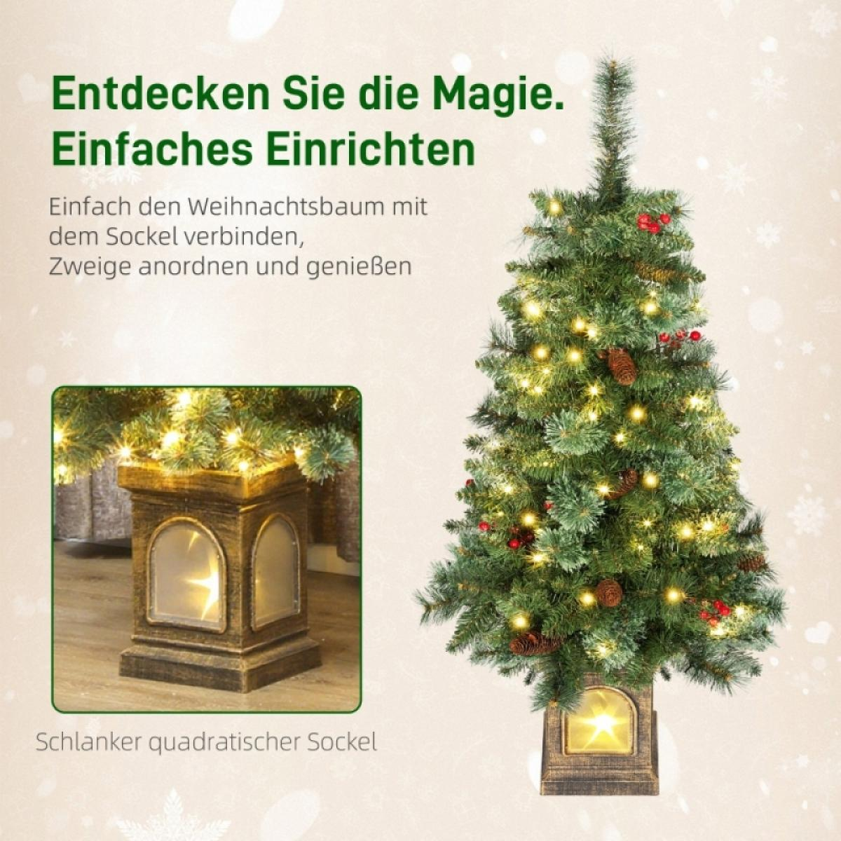 Ein Weihnachtsbaum mit Lichtern, Tannenzapfen und roten Beeren. Er steht auf einem quadratischen, dekorativen Sockel. Text oben auf Deutsch.