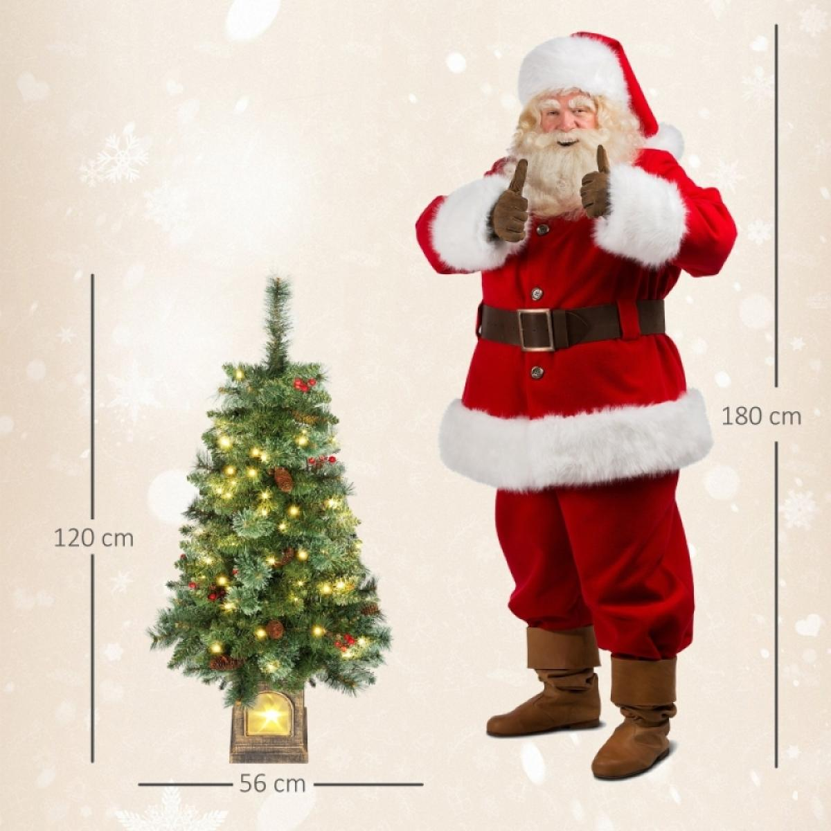 Der Weihnachtsmann gibt Daumen hoch neben einem Weihnachtsbaum. Der Baum ist 120 cm hoch und der Weihnachtsmann ist 180 cm groß.