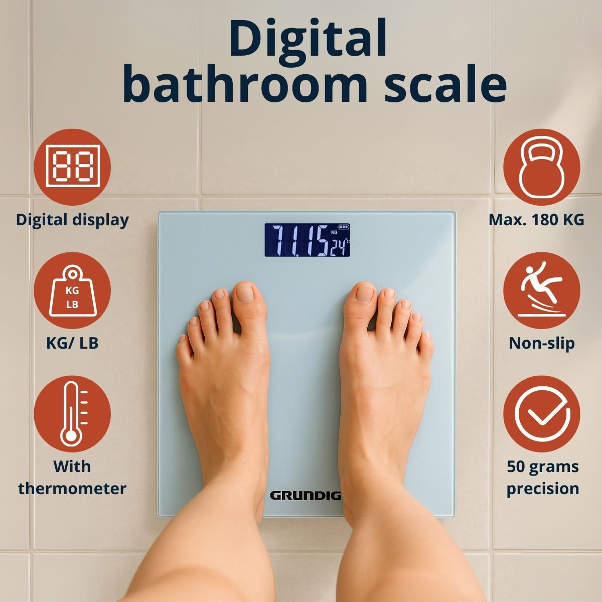 Voeten van een persoon op een digitale badkamerweegschaal, die het gewicht weergeeft. De weegschaal heeft functies als thermometer en antislip oppervlak.