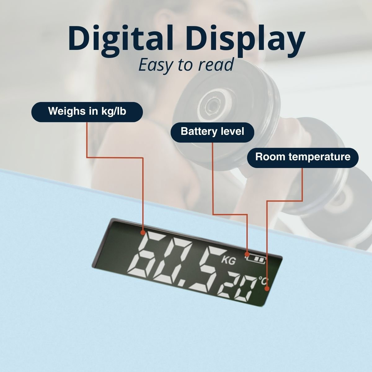 Digitale weegschaal met 60,5 kg en 20 graden Celsius. Tekst geeft batterijniveau, kamertemperatuur en gewicht in kg/lb aan.