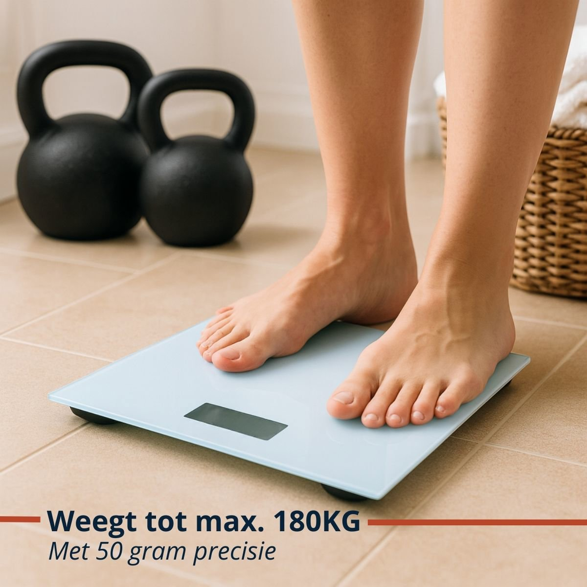 Voeten van een persoon op een lichtblauwe weegschaal. Twee zwarte kettlebells op de achtergrond. Een mand met witte handdoeken rechts.
