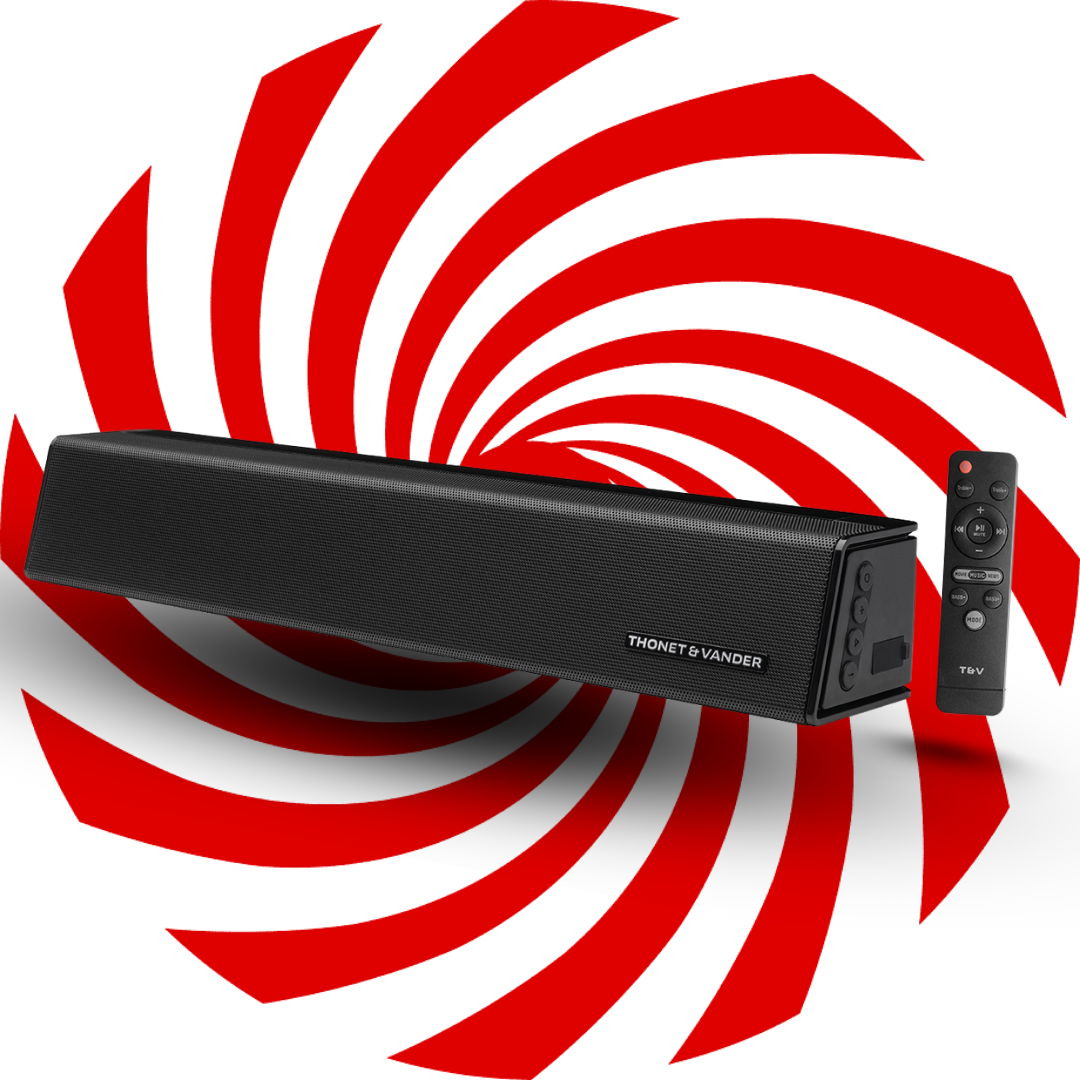 Siyah bir soundbar ve uzaktan kumanda, kırmızı ve beyaz spiral bir arka plan üzerinde sergileniyor. Soundbar 'THONET & VANDER' markasını taşıyor.