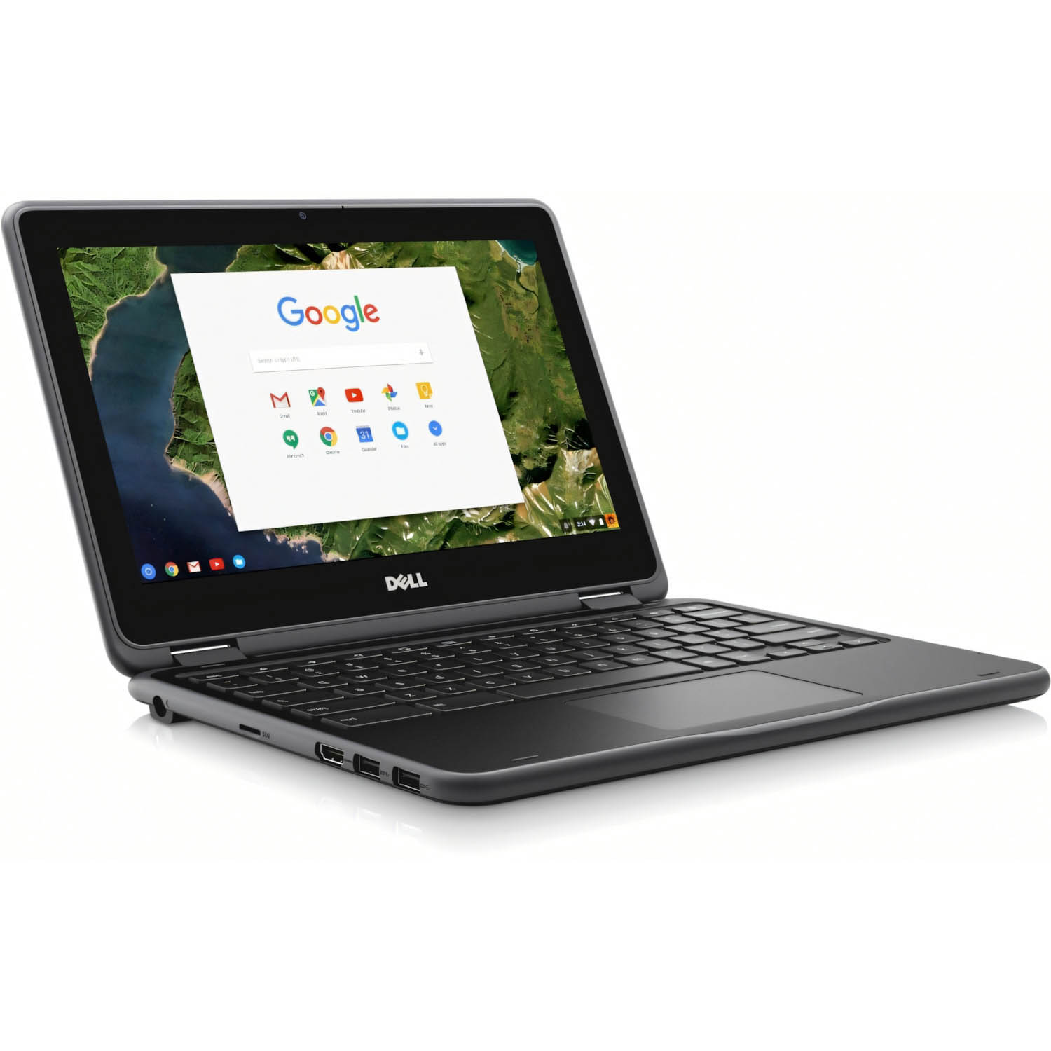 Una laptop Dell Chromebook abierta mostrando la página de inicio de Google. La pantalla muestra un mapa e iconos de aplicaciones. El teclado es visible.