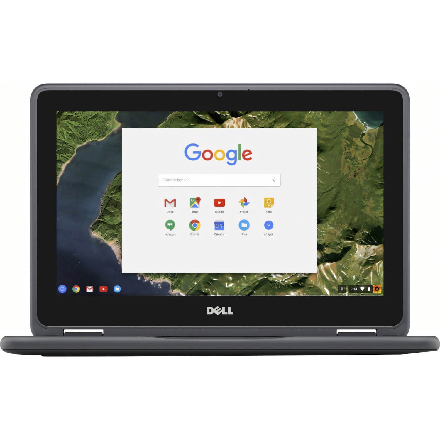 Un portátil Dell Chromebook abierto, mostrando la página de inicio de Google con iconos de aplicaciones. Visible una imagen de fondo de un paisaje costero.