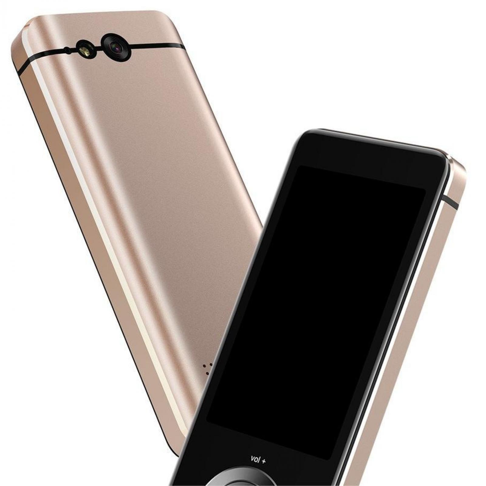 Zwei goldfarbene Smartphones. Eines ist angewinkelt und zeigt Kamera und Bildschirm. Das andere ist dahinter.