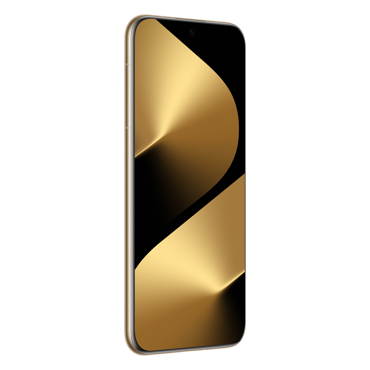 Ein goldenes Smartphone auf weißem Hintergrund. Der Bildschirm zeigt ein gold-schwarzes Farbverlauf-Design.