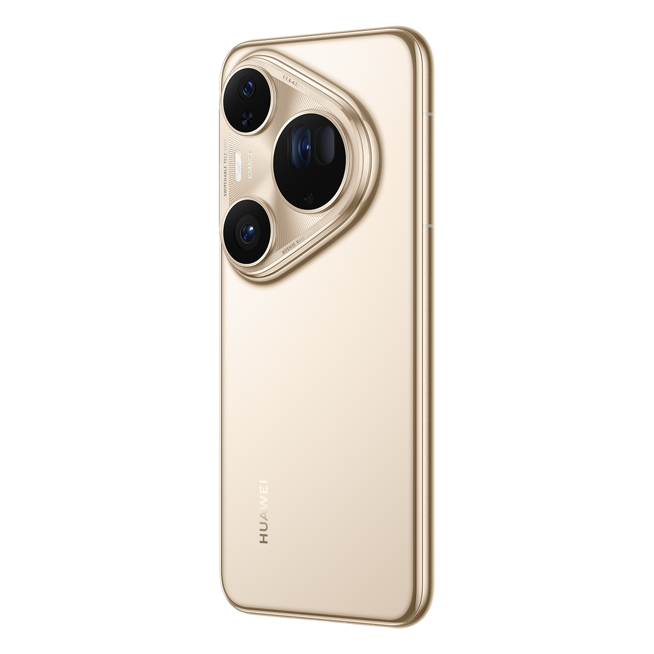 Goldenes Smartphone mit drei Rückkameras. Das Huawei-Logo befindet sich unten. Das Telefon ist nach links abgewinkelt.