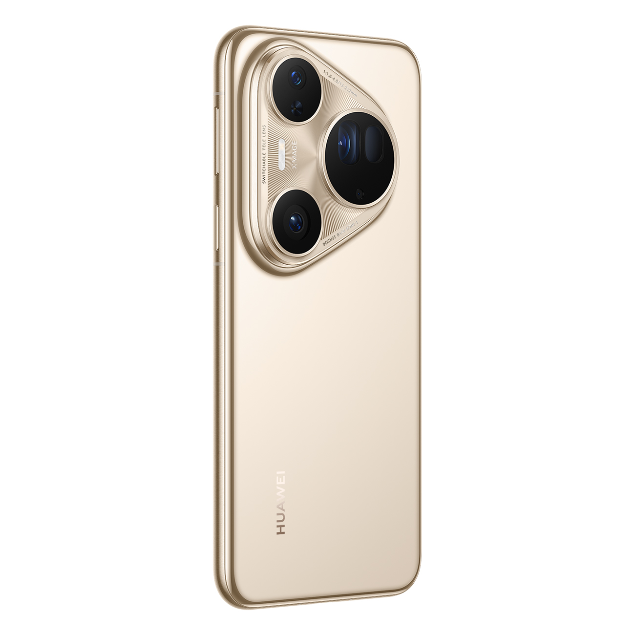 Goldenes Smartphone mit mehreren Kameralinsen, Huawei-Logo sichtbar. Schlankes Design, Metallic-Finish.