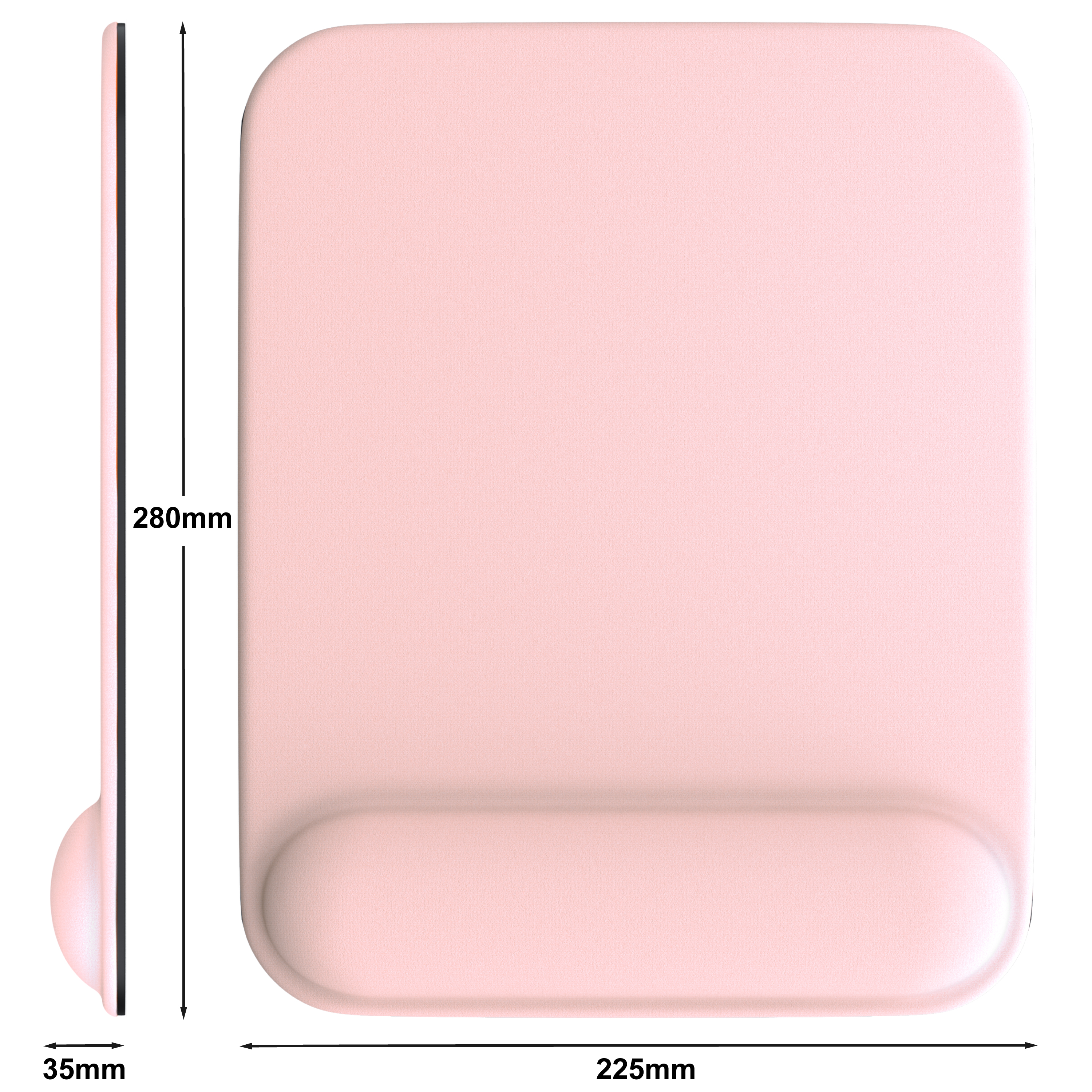 Rosa ergonomisches Mauspads mit Handgelenkauflage. Abmessungen sind angegeben. Pad ist 225x280mm, 35mm dick.