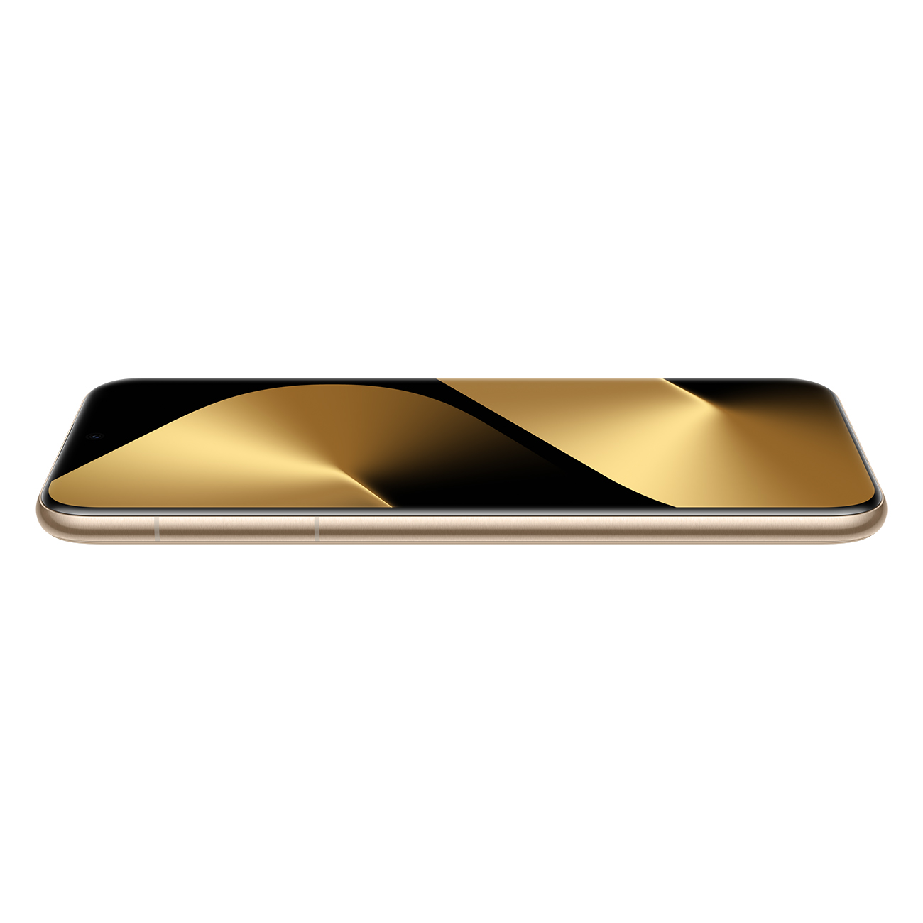 Ein goldenes Smartphone mit schwarzem und goldenem Display, horizontal vor weißem Hintergrund platziert.