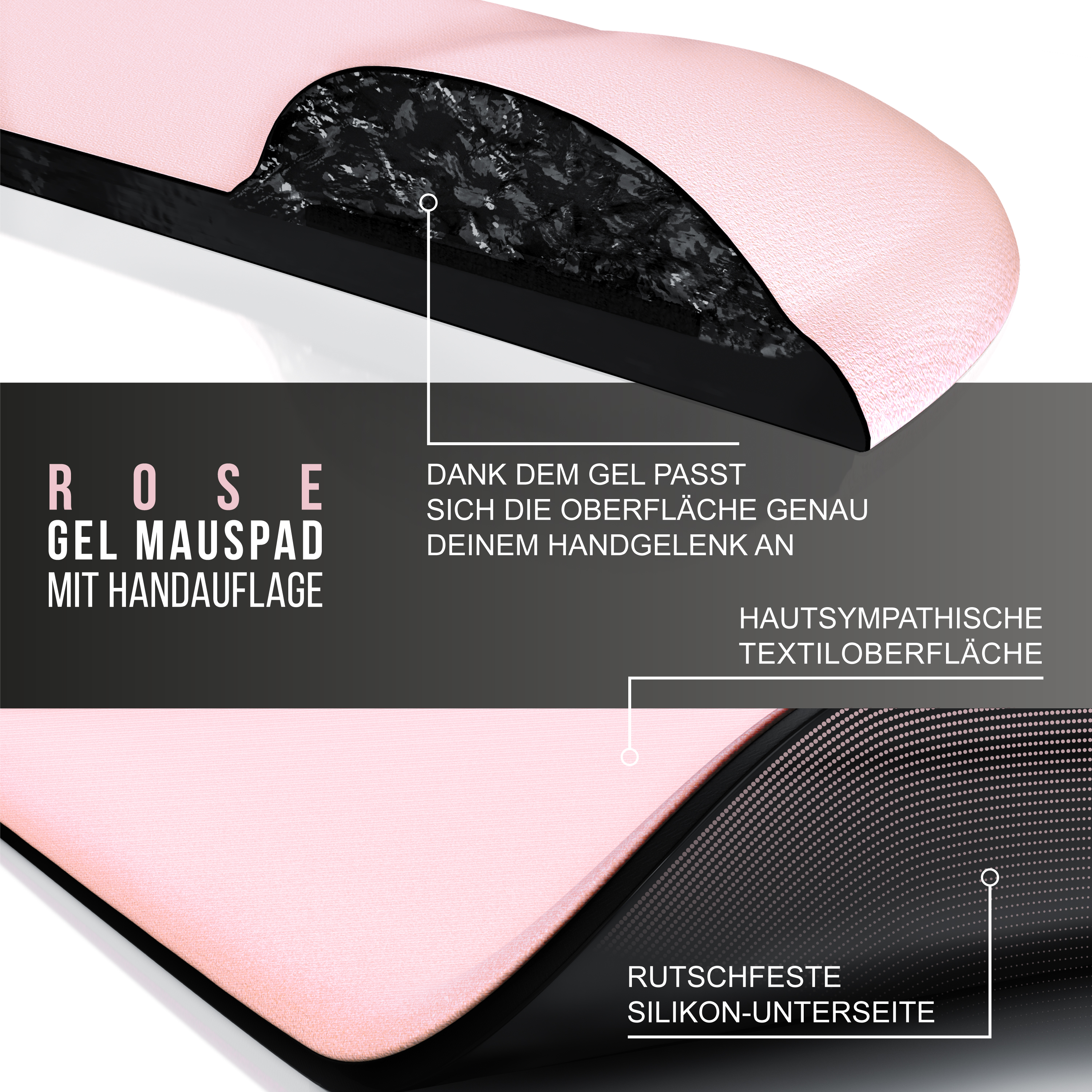 Nahaufnahme eines rosa Mauspads mit Gelkissen und einer schwarzen, rutschfesten Silikonbasis.