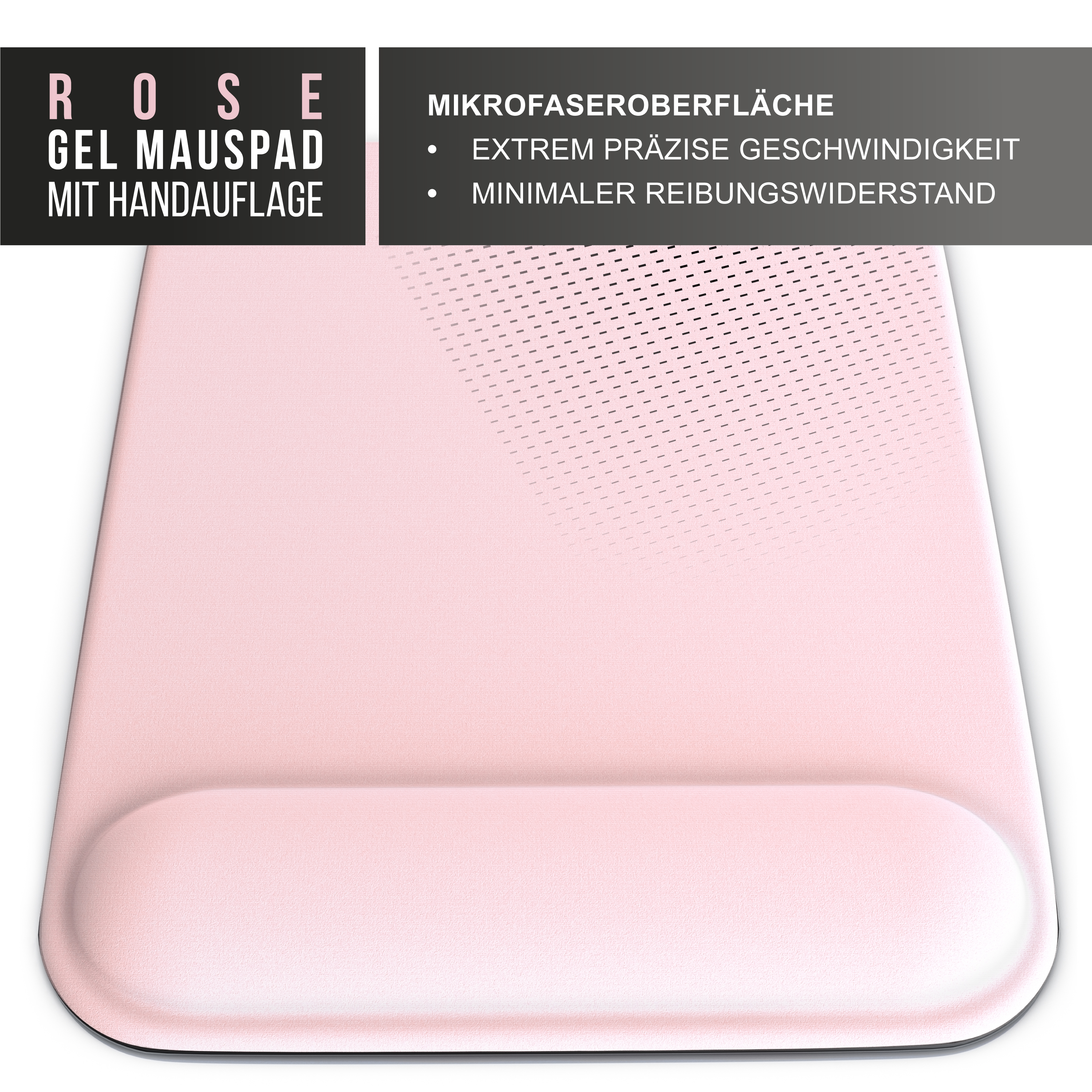 Ein rosafarbenes Gel-Mauspad mit Handballenauflage. Oben steht: ROSE GEL MAUSPAD MIT HANDAUFLAGE.