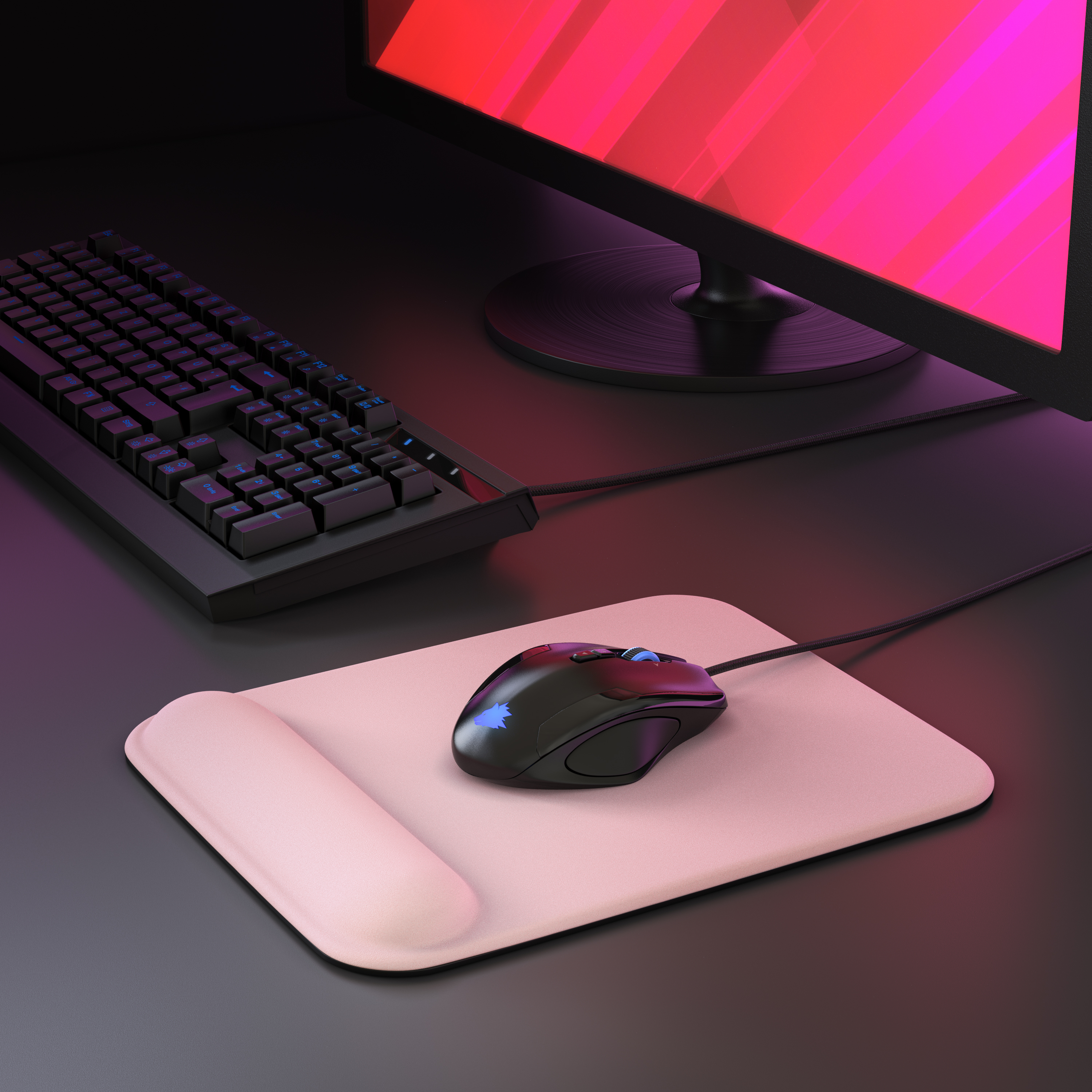Ein Computer-Setup mit Tastatur, Maus, Mauspad und Monitor. Der Monitor zeigt einen roten und rosa Bildschirm.