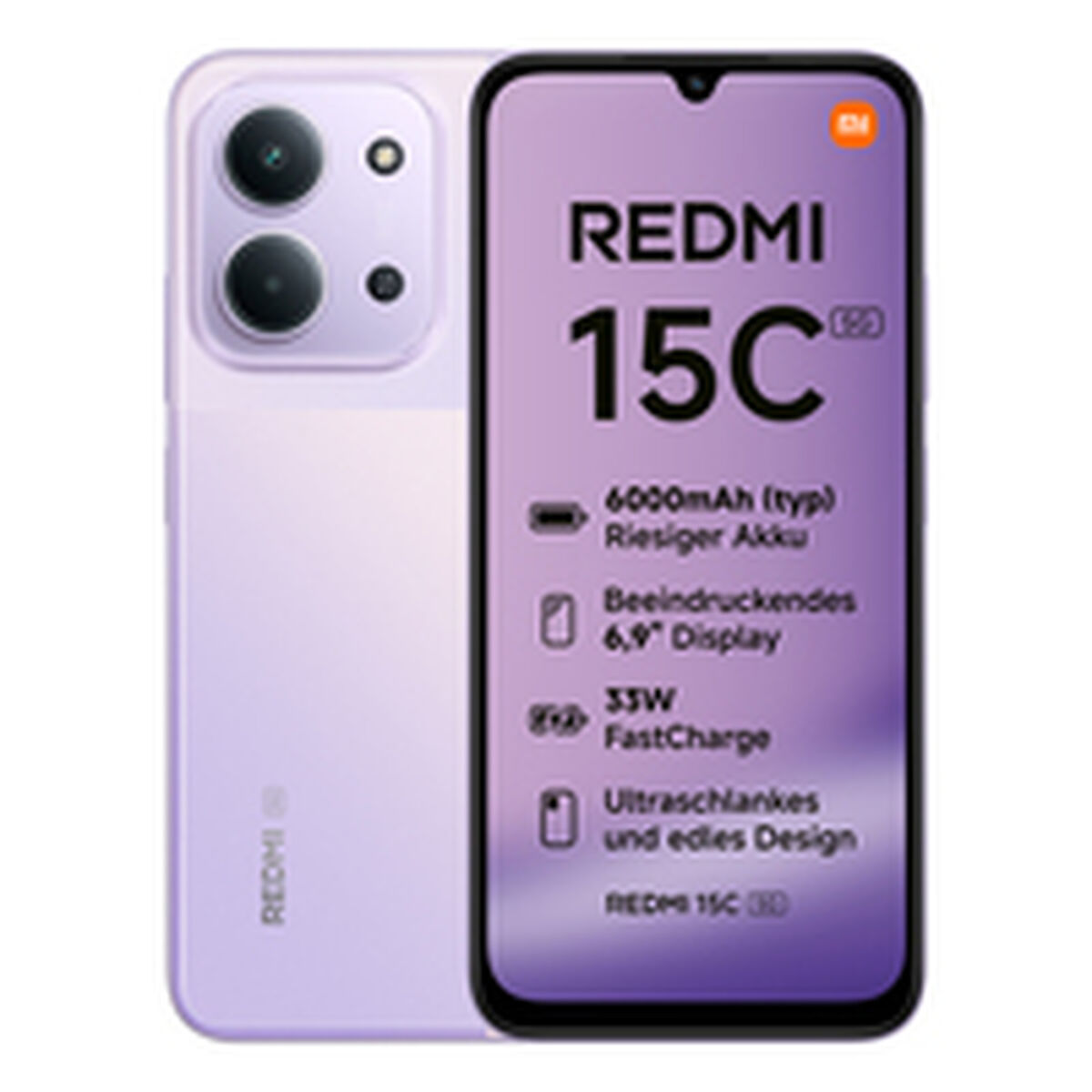 Telefon Redmi 15C. Ma fioletowy tył z aparatami, a ekran wyświetla kluczowe cechy, takie jak bateria i rozmiar.