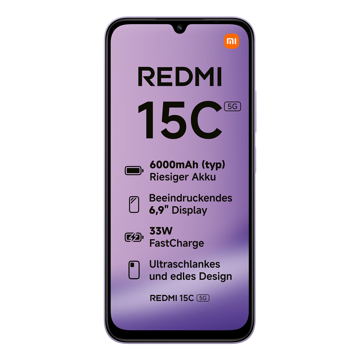 Telefon Redmi 15C z fioletowym ekranem, wyświetlającym funkcje takie jak bateria 6000mAh, wyświetlacz 6,9" i 33W FastCharge.