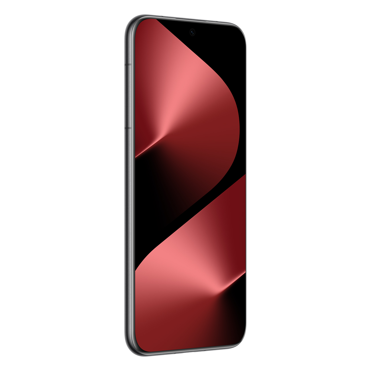Un smartphone avec un écran noir affichant un design en dégradé rouge. Il a une caméra en haut et un cadre argenté.