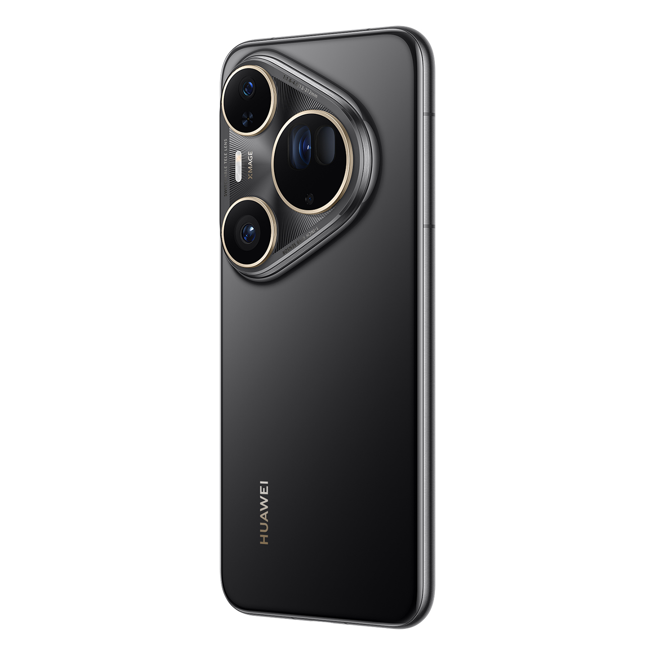 Smartphone noir avec plusieurs objectifs et des accents dorés. Le téléphone porte le logo Huawei, sur un fond blanc.