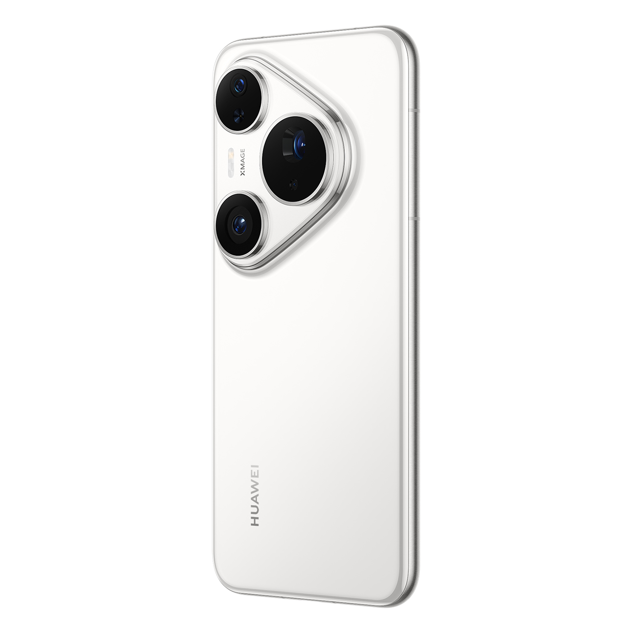Ein weißes Huawei-Telefon. Es hat drei Kameras und einen silbernen Rahmen. Das Huawei-Logo ist unten sichtbar.
