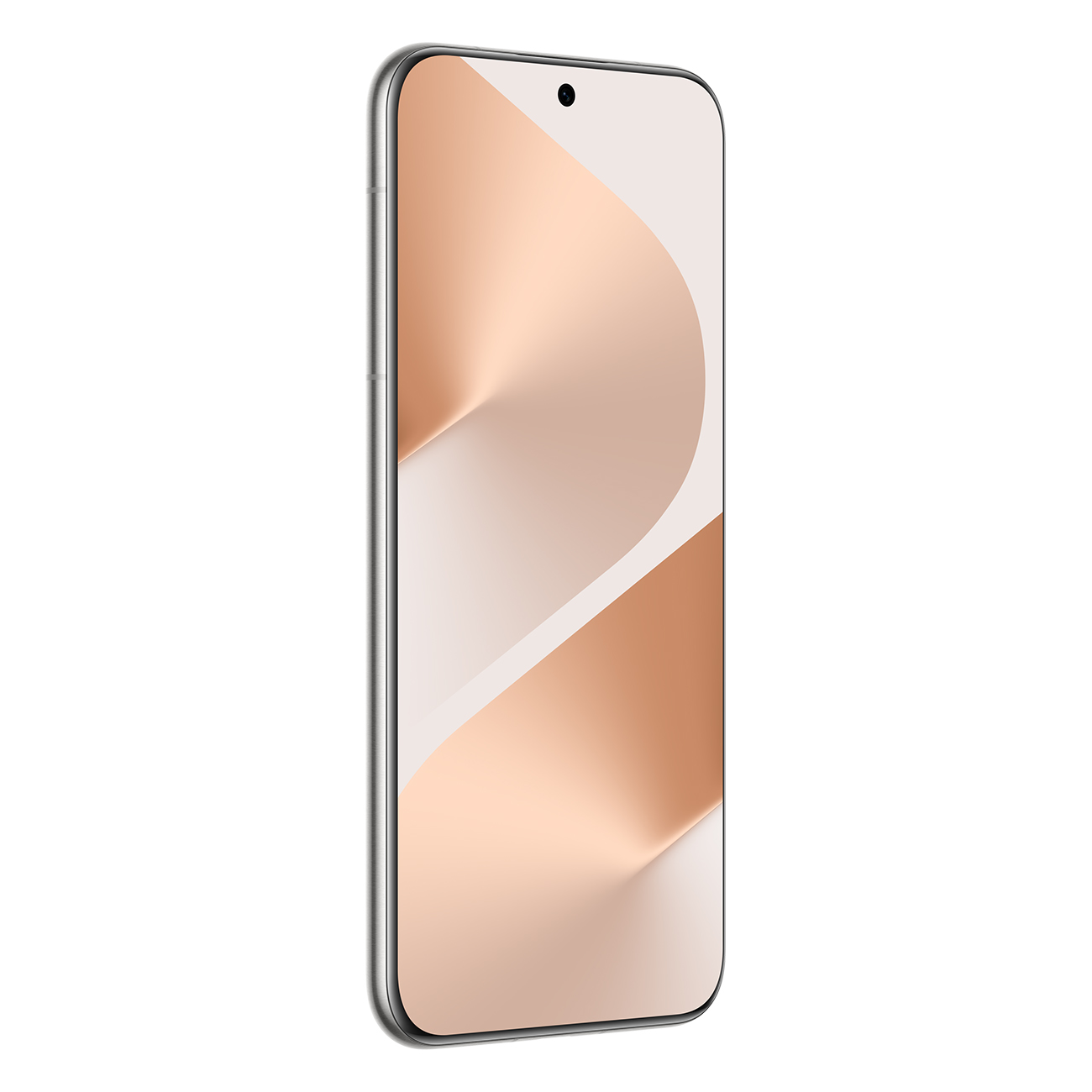 Ein Smartphone mit silbernem Rahmen. Der Bildschirm zeigt ein helles Pfirsich- und Weiß-Gradienten-Design vor weißem Hintergrund.