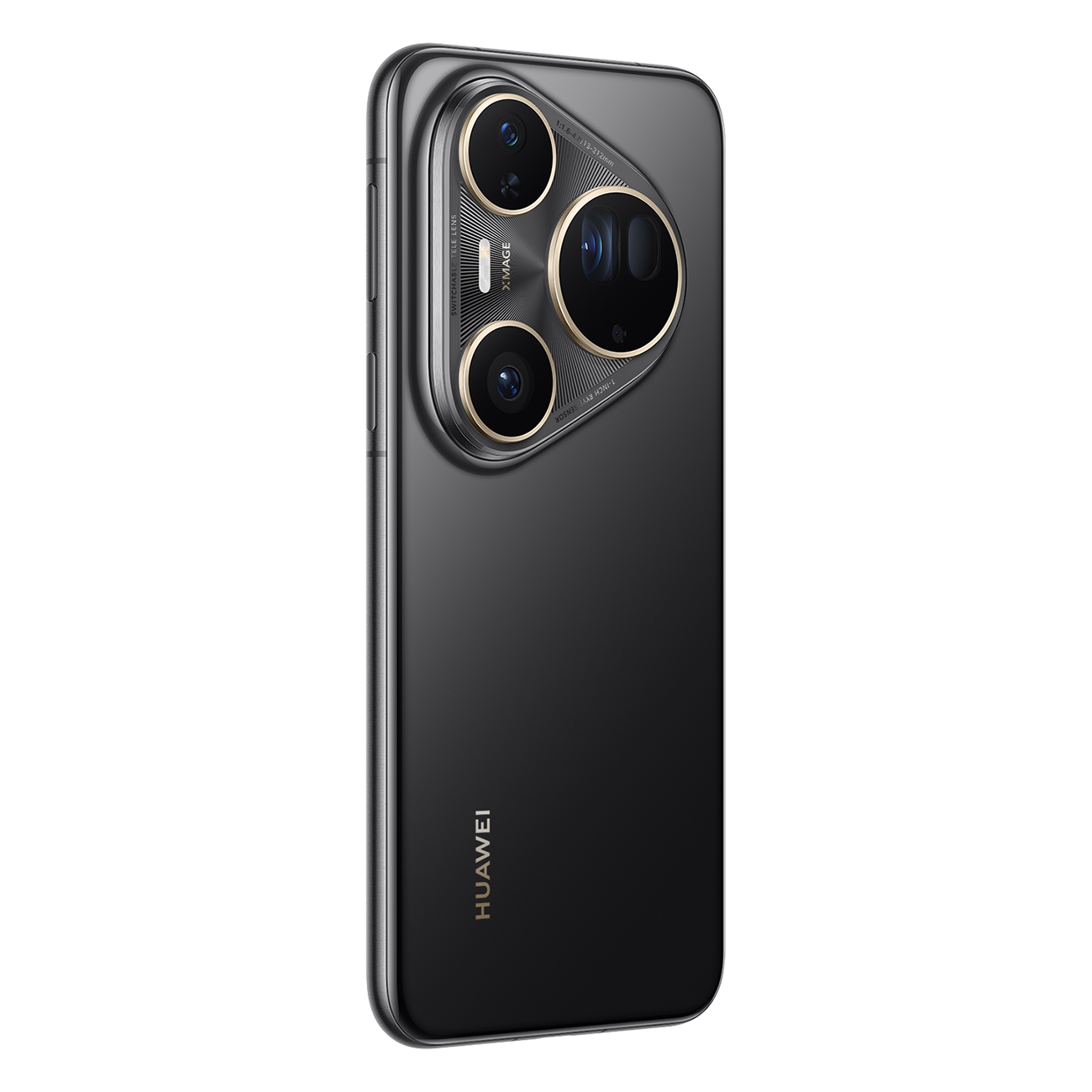 Un smartphone Huawei noir. Il possède un module caméra à triple objectif avec des touches dorées. Le téléphone est en position verticale.