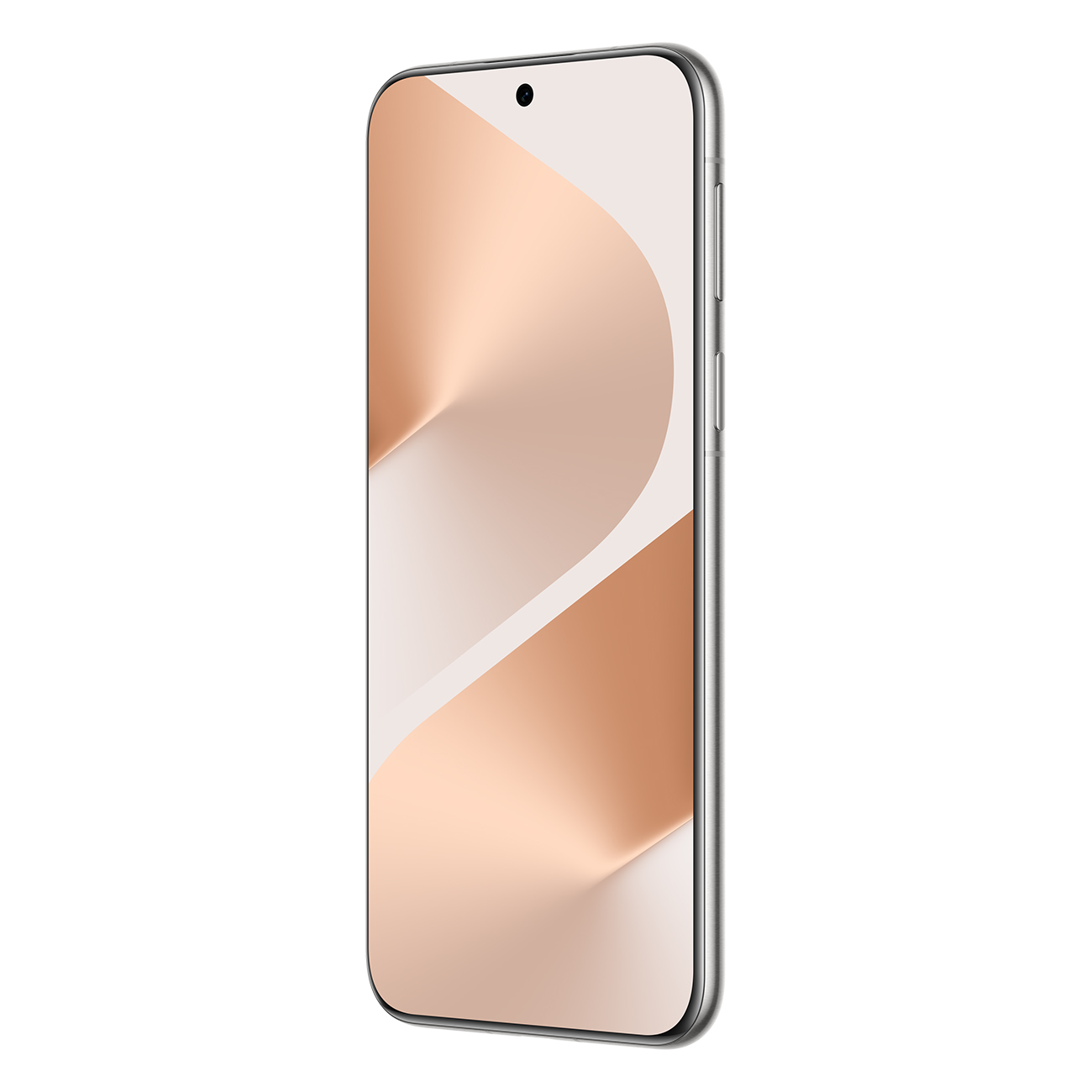 Ein silbernes Smartphone mit einem Bildschirm, der abstrakte hellpfirsichfarbene und weiße Formen vor einem weißen Hintergrund zeigt.