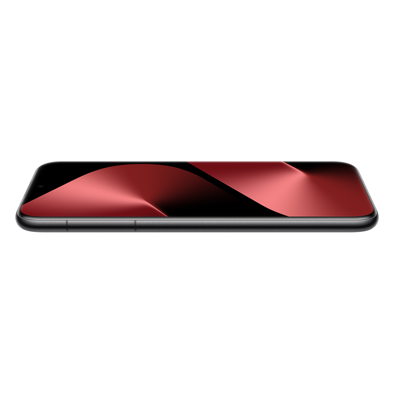 Un smartphone est posé horizontalement, affichant un design abstrait rouge et noir sur son écran. Le téléphone est noir, fond blanc.