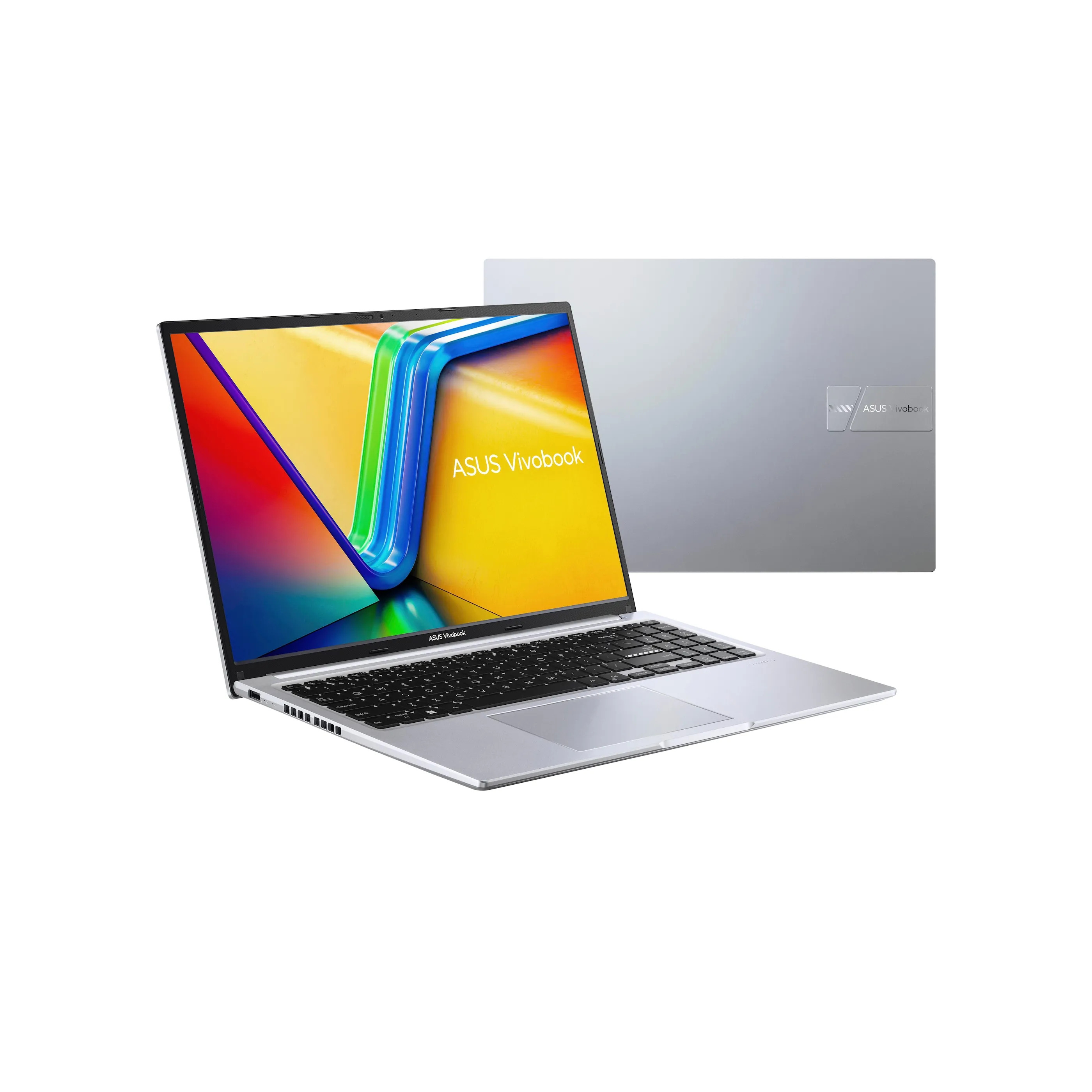 Silberner ASUS Vivobook-Laptop offen, Bildschirm zeigt farbenfrohe Grafik. Rückseite rechts. Weißer Hintergrund.